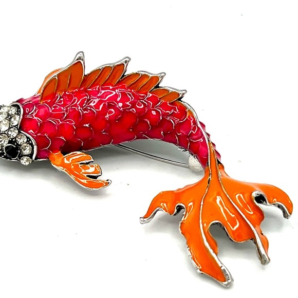 Pink & Orange Enamel Koi Fish Brooch with Rhinestonnes - Picture 10 of 11